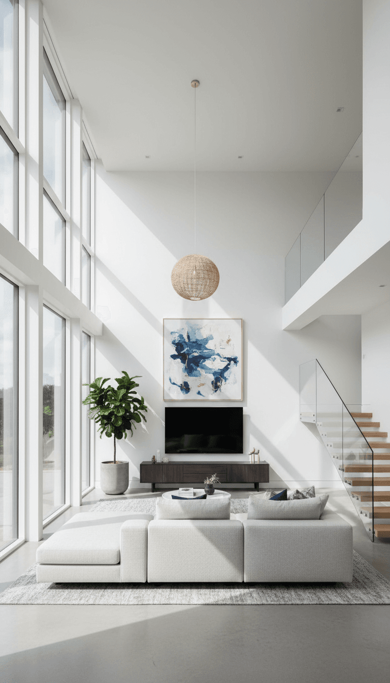 bright and airy living room with white walls, wooden floor, large windows, and simple decor